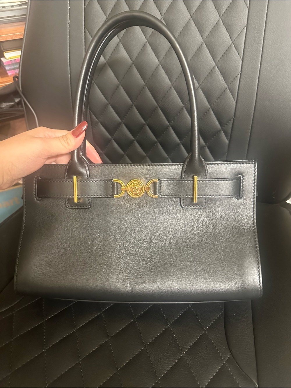 Versace Medusa 95 Black Leather Top-Handle Tote with Gold Medusa